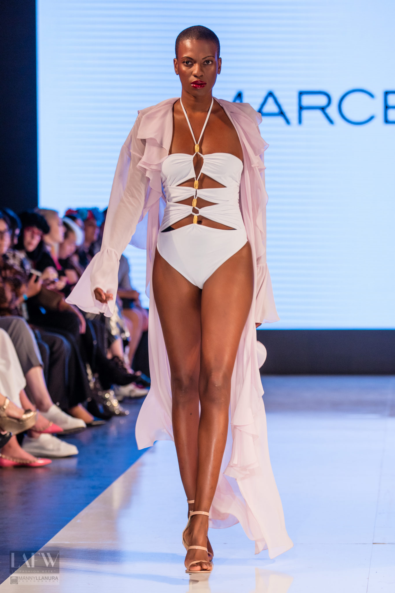 A model walks the runway wearing Marcelo Quadros at LAFW Los Angeles Fashion Week SS17